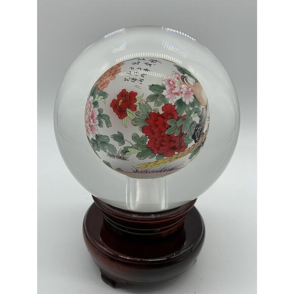 Vntg Chinese Reverse Hand Painted Crystal Ball Rotating Stand Birds Signed - Picture 4 of 8